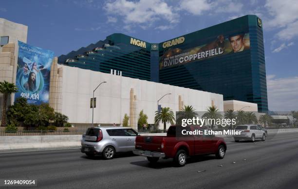 Vehicle traffic on Tropicana Avenue passes by MGM Grand Hotel & Casino on the Las Vegas Strip amid the spread of coronavirus on August 28, 2020 in...