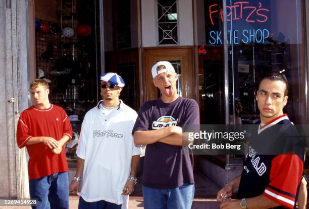 Brian Littrell, AJ McLean, Nick Carter and Howie Dorough of the Backstreet Boys pose for a group portrait outside of Fritz's Skate Shop circa April,...