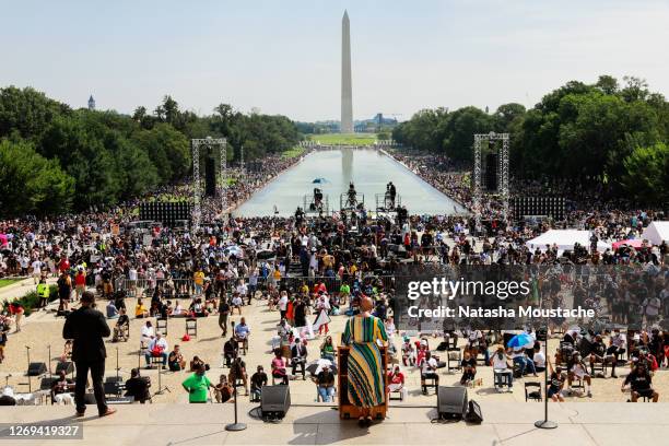 Rep. Ayanna Pressley speaks to the crowd at the Lincoln Memorial during the Commitment March on August 28, 2020 in Washington, DC. Rev. Al Sharpton...