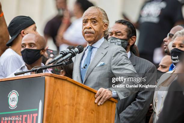 Rev. Al Sharpton speaks at the 2020 March on Washington, officially known as the “Commitment March: Get Your Knee Off Our Necks,” at the Lincoln...