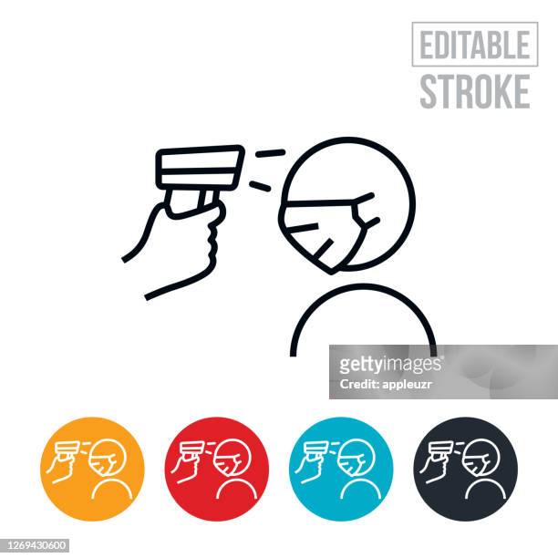 person getting temperature checked and wearing face mask thin line icon - editable stroke - temperature scan stock illustrations