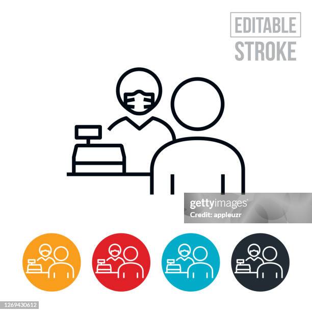 cashier wearing face mask while helping customer thin line icon - editable stroke - essential services icon stock illustrations
