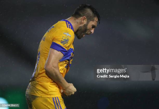 Andre-Pierre Gignac celebrates after scoring the first goal of his team during the 7th round match between Mazatlan FC and Tigres UANL as part of the...