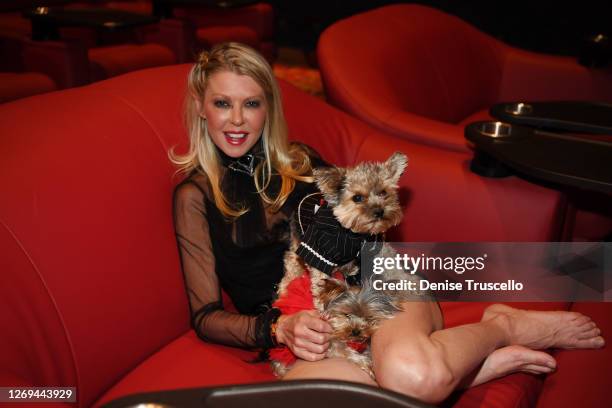 Tara Reid poses for a photo with her dogs at "Attack of the Unknown" movie release at Galaxy Theatres Boulevard Mall on August 28, 2020 in Las Vegas,...