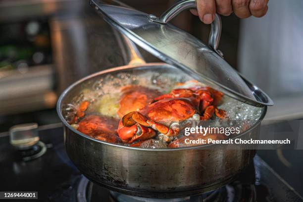boiling crab in pot - crab stock pictures, royalty-free photos & images