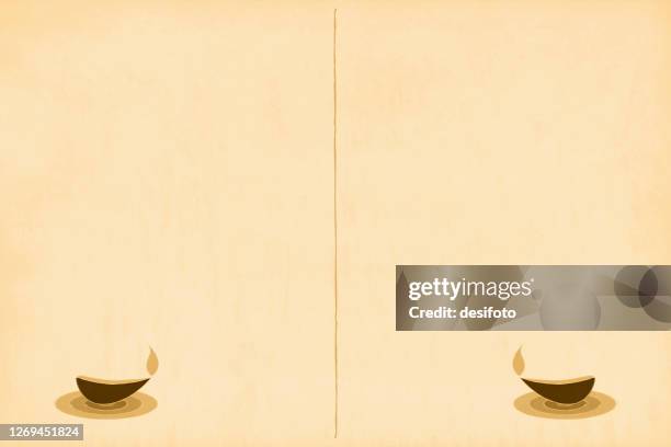 ilustraciones, imágenes clip art, dibujos animados e iconos de stock de color beige color grunge vector fondo diwali saludo con dos pequeños diyas iluminados en un patrón circular - diya oil lamp