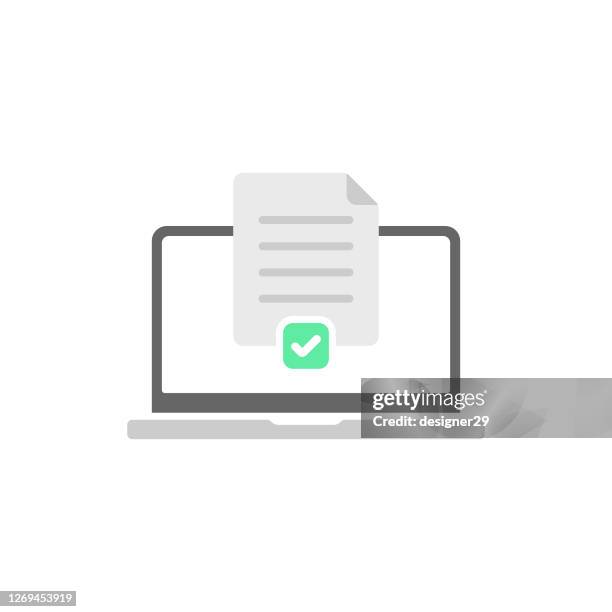 laptop computer on document icon flat design. - forms stock illustrations