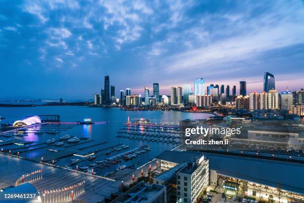 aerial view of the urban coastline - qingdao beach stock pictures, royalty-free photos & images