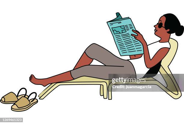 black woman reading newspaper in hammock - broadsheet stock illustrations