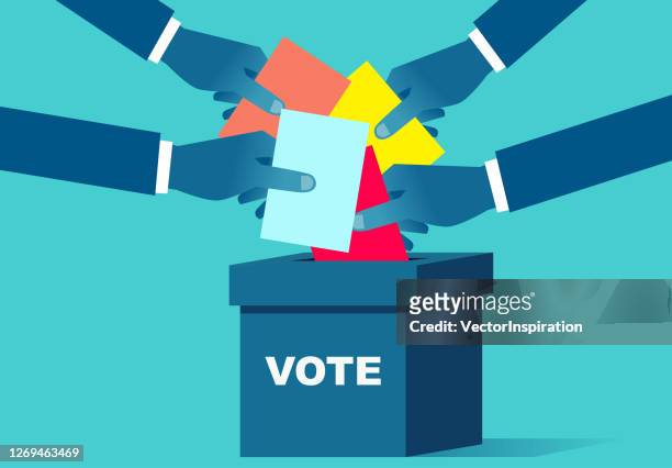 voting, hand holding the ballot paper into the ballot box - political party stock illustrations