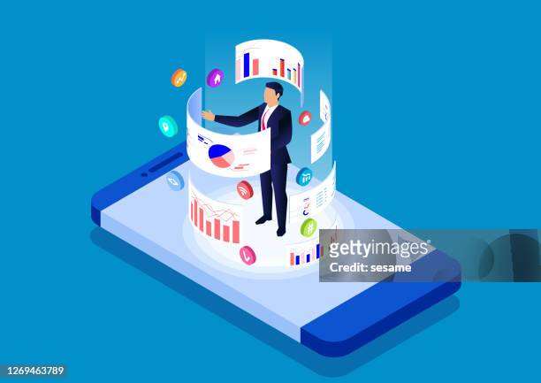 smartphone online data analysis and management tool, data analysis mobile application - scrutiny stock illustrations