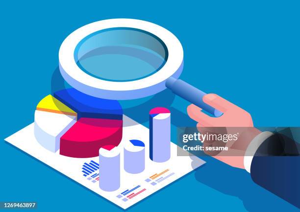 isometric hand holding a magnifying glass analyzing pie and column charts, business financial data analysis, financial analyst, business management - column infographic stock illustrations