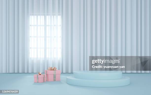 3d rendering product background - round window curtains stock pictures, royalty-free photos & images