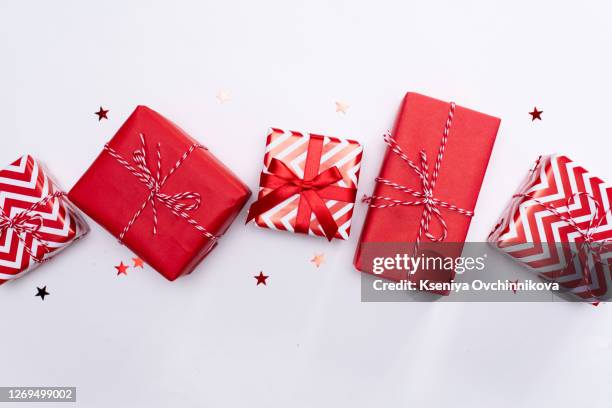 christmas gift boxes on white background - matter presents ストックフォトと画像