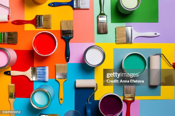 colorful painting supplies for home repair - colour palette stockfoto's en -beelden