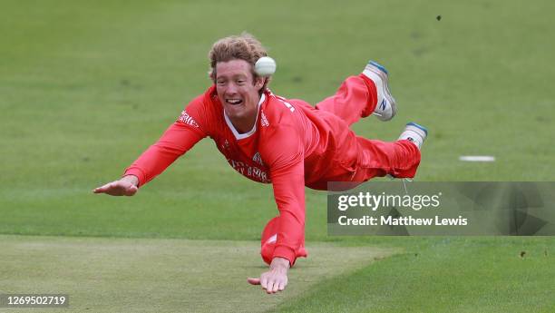 Keaton Jennings of Lancashire looks to stop the ball during the T20 Vitality Blast 2020 match between Leicestershire Foxes and Lancashire Lightning...