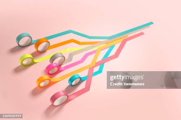 abstract coloured tape joined rolling towards one direction concepts still life. - converge stockfoto's en -beelden