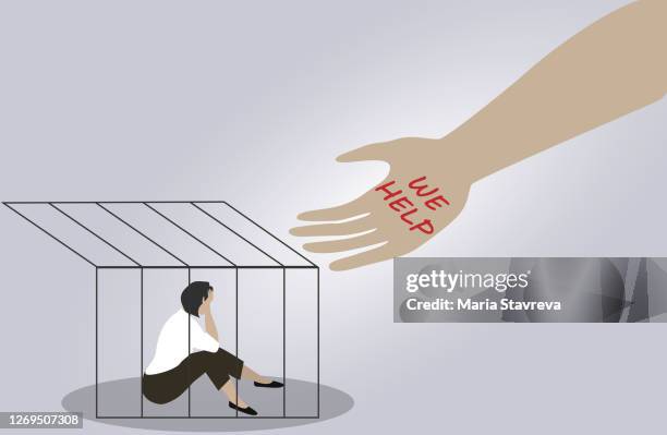 traurige frau und eine hand, die hilfe anbietet. - selbstmord stock-grafiken, -clipart, -cartoons und -symbole