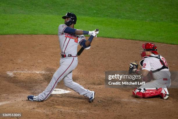Adeiny Hechavarria of the Atlanta Braves bats against the Philadelphia Phillies at Citizens Bank Park on August 28, 2020 in Philadelphia,...