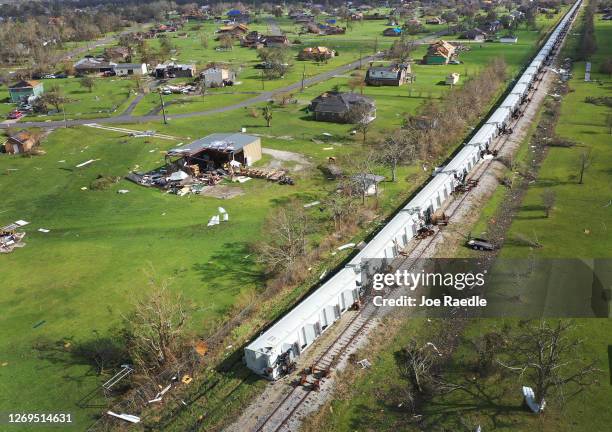 An aerial view from a drone shows derailed cars on August 29, 2020 in Lake Charles, Louisiana. Hurricane Laura made landfall on August 27th, bringing...