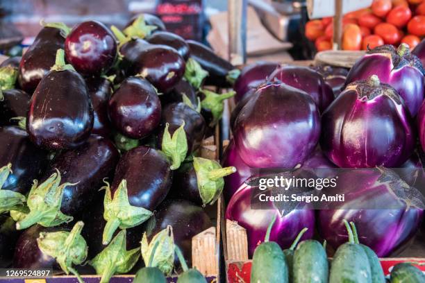 tunisian and sicilian eggplants on sale at market - melanzana foto e immagini stock