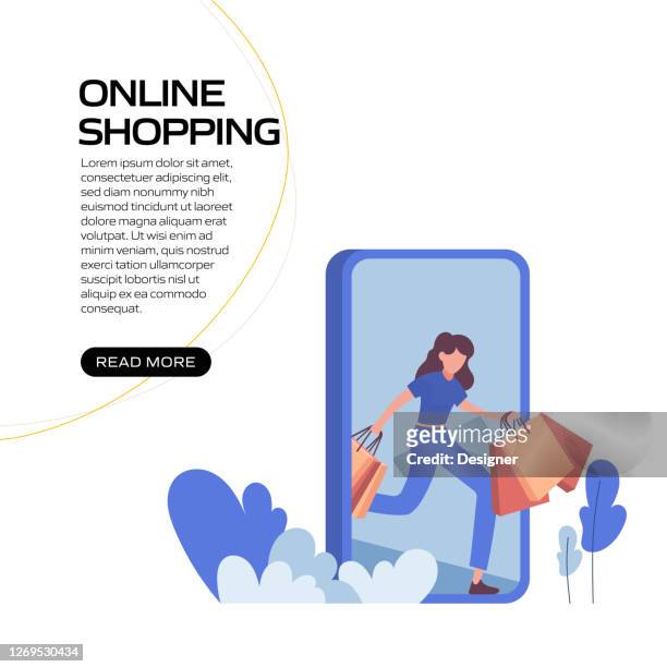 online shopping concept vector illustration for website banner, advertisement and marketing material, online advertising, business presentation etc. - mobile shopping stock illustrations