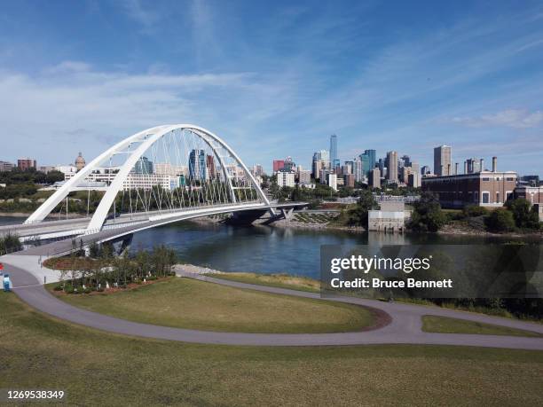 In this view from a drone, the Walterdale Bridge is seen with the city skyline in the background as photographed on August 28, 2020 in Edmonton,...