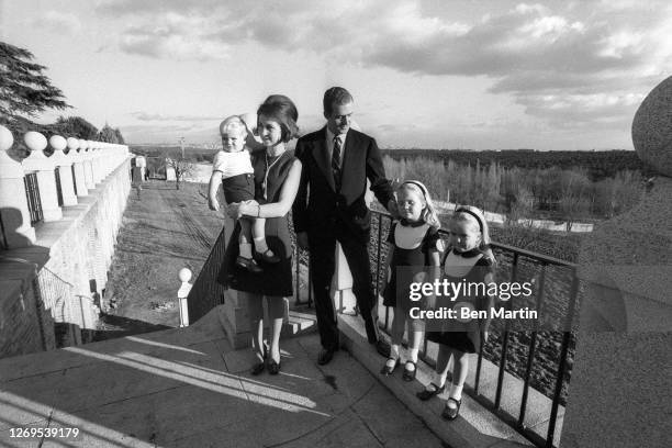 Juan Carlos of Spain and wife Sofia with children Elena, Cristina and Felipe outside Zarzuela Palace, Spain . January 1970