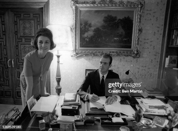 Juan Carlos of Spain and wife Queen Sofia in Zarzuela Palace, Spain. January 1970