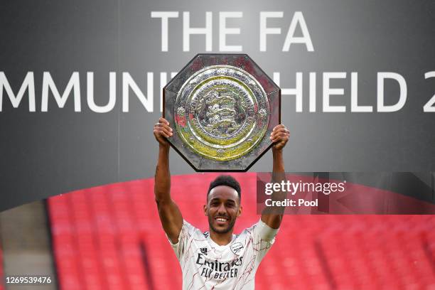 Pierre-Emerick Aubameyang of Arsenal celebrates with the Community Shield Trophy following his team's victory in during the FA Community Shield final...