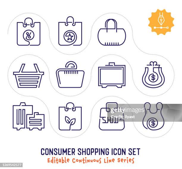 consumer shopping editable continuous line icon pack - reusable shopping bag drawing stock-grafiken, -clipart, -cartoons und -symbole