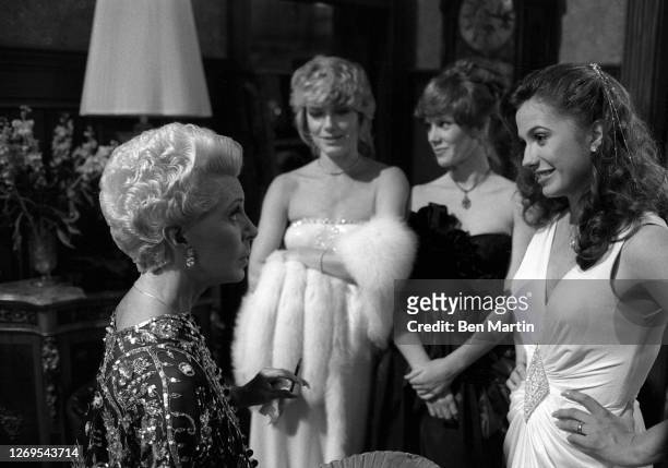 American actress Lana Turner on the set of Falcon Crest with Susan Sullivan, Jamie Rose and Ana Alicia in Los Angeles, CA, October 25, 1982.