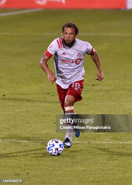 Nick DeLeon of Toronto FC controls the ball against the Montreal Impact during the second half of the MLS game at Saputo Stadium on August 28, 2020...