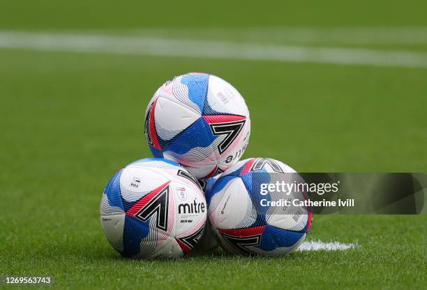 The Mitre Delta Max balls sit on the pitch ahead of the Pre-Season Friendly match between Crystal Palace and Charlton Athletic at Selhurst Park on...