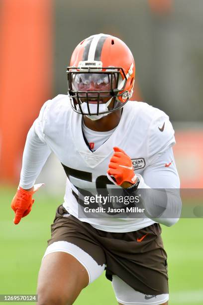 Linebacker Jacob Phillips of the Cleveland Browns works out during training camp at the Browns training facility on August 29, 2020 in Berea, Ohio.