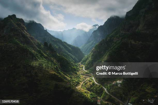 road passing on lush green valley in madeira. aerial view. - valley stock-fotos und bilder