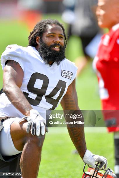 Defensive end Adrian Clayborn of the Cleveland Browns warms up during training camp at the Browns training facility on August 29, 2020 in Berea, Ohio.