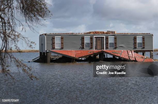 Damaged home is seen on August 29, 2020 in Little Chenier, Louisiana. Hurricane Laura made landfall on August 27th, bringing rain and high winds to...