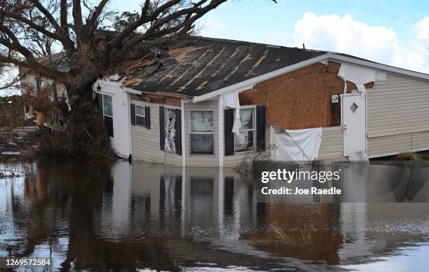 Damaged home is seen on August 29, 2020 in Creole, Louisiana. Hurricane Laura made landfall on August 27th, bringing rain and high winds to the...