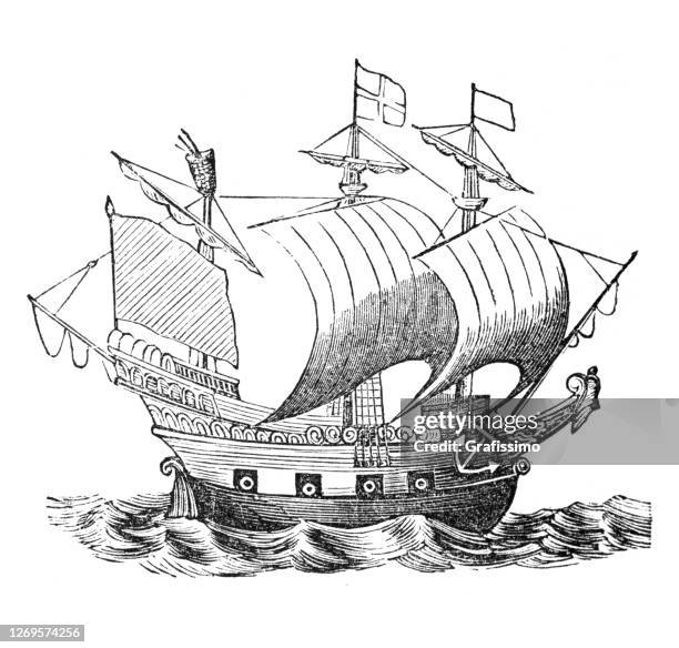 ilustraciones, imágenes clip art, dibujos animados e iconos de stock de galeón inglés golden hind de sir francis drake - golden hind ship