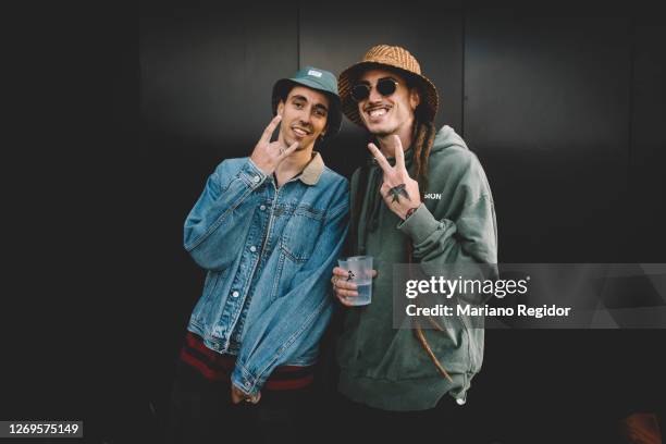 Spanish rappers Lasser and Craneo pose for a portrait during Shangri Lah Festival at Autocine Madrid RACE on August 29, 2020 in Madrid, Spain.