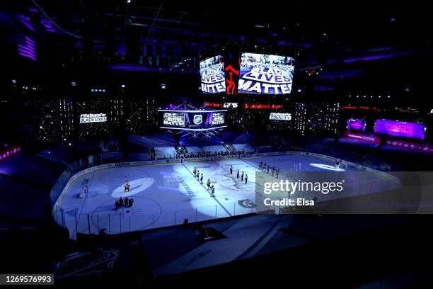 Black Lives Matter is displayed on the scoreboard, as the NHL addresses racism, in light of the recent events in Kenosha, Wisconsin, in regards to...