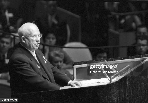 First Secretary of the Communist Party of the Soviet Union Nikita Khrushchev addresses the United Nations General Assembly, New York, September 18,...