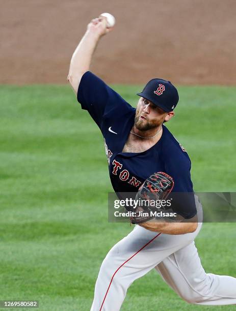 Colten Brewer of the Boston Red Sox in action against the New York Yankees at Yankee Stadium on August 14, 2020 in New York City. The Yankees...