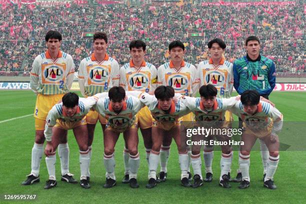 Shimizu S-Pulse players line up for the team photos prior to the J.League Nicos Series match between Urawa Red Diamonds and Shimizu S-Pulse at the...