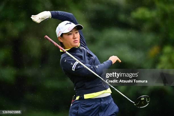 Mao Nozawa of Japan reacts after her tee shot on the 2nd hole during the final round of the Nitori Ladies Golf Tournament at the Otaru Country Club...