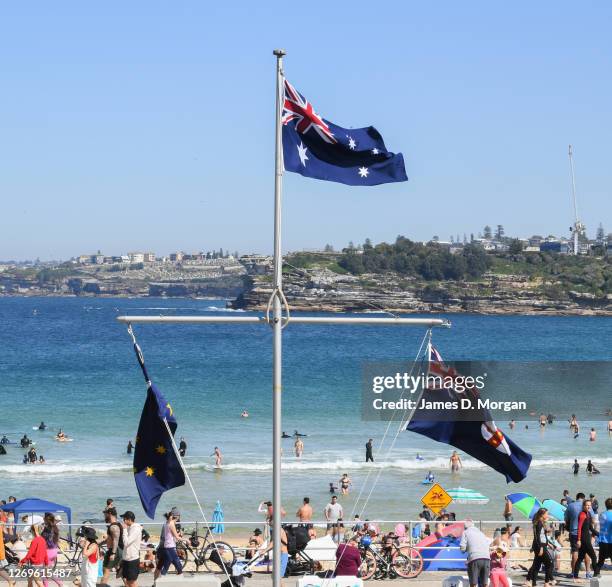 Hundreds of people enjoying the sun at Bondi Beach on August 30, 2020 in Sydney, Australia. Warm winter weather is being enjoyed across the entire...