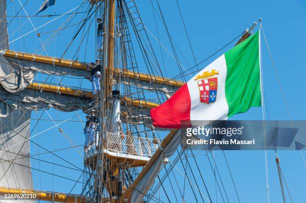 italian navy flag on the tall ship "amerigo vespucci" taranto, italy" - amerigo vespucci nave stock pictures, royalty-free photos & images