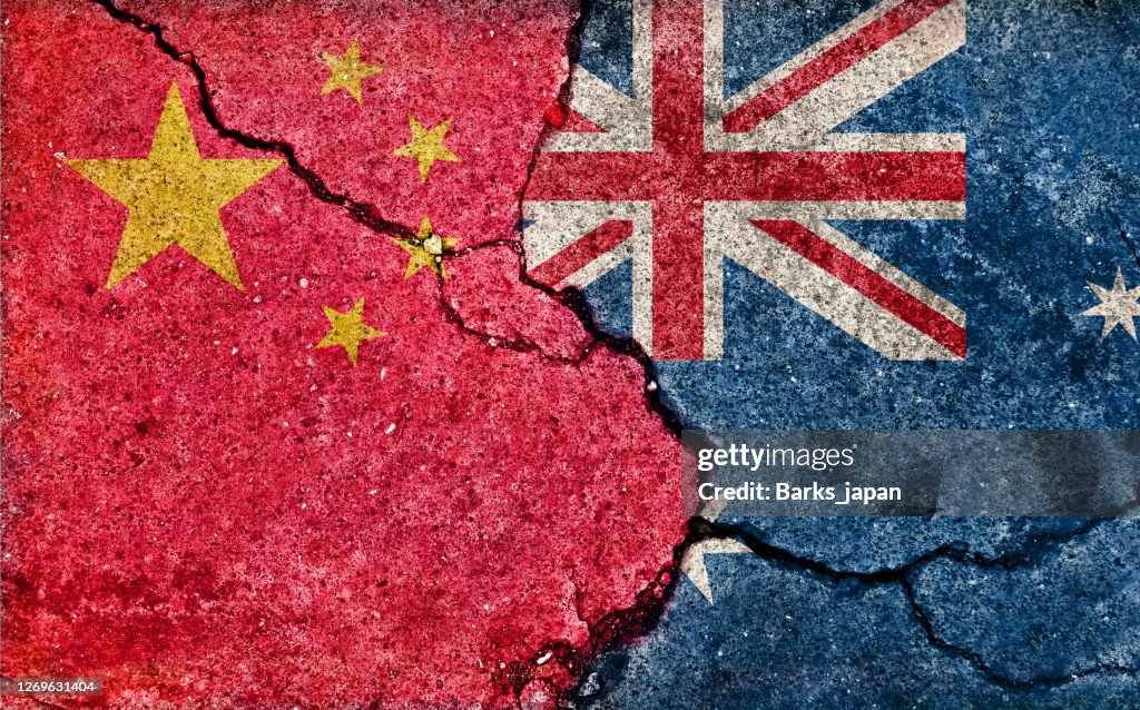 Grunge country flag illustration (cracked concrete background) / China vs Australia (Political or economic conflict)
