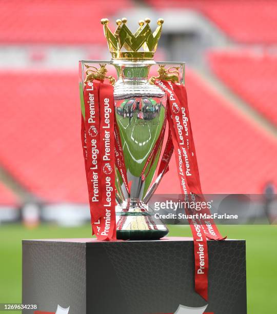 The Premier League trophy before the FA Community Shield match between Arsenal and Liverpool at Wembley Stadium on August 29, 2020 in London, England.